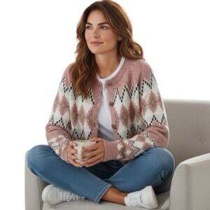 Frye Cozy Pink Diamond-Pattern Button Up Cardigan Sweater Women’s XL